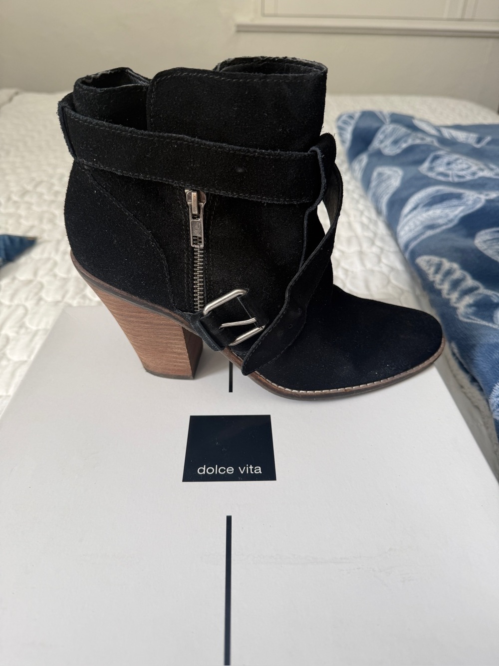 Dolce Vita Black Suede Ankle Boot with Buckle Strap and Side Zipper